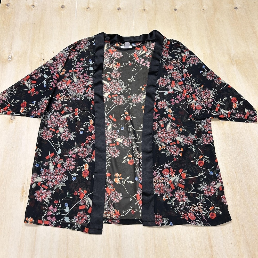Mudd Y2K Blouse Womens One Size Black Floral Sheer Kimono Chiffon Open Front